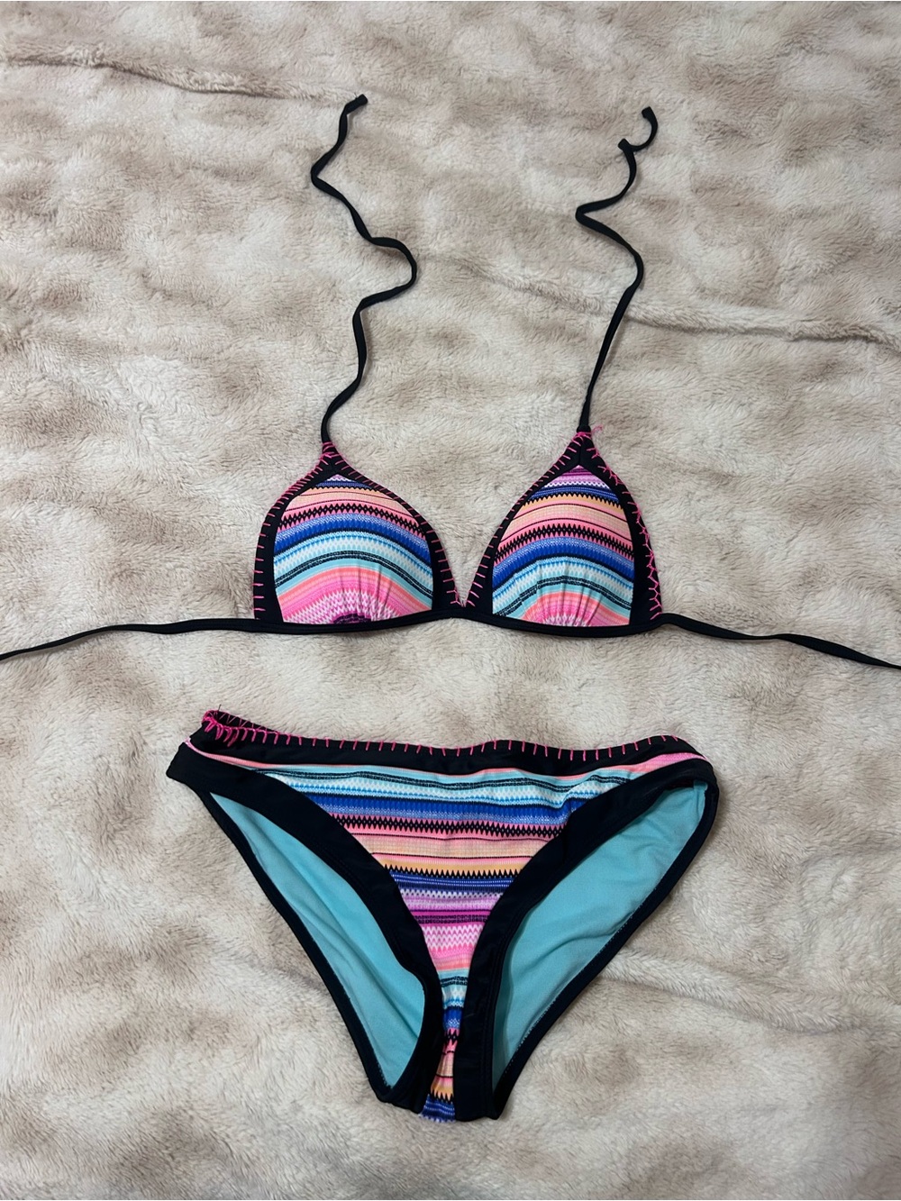 Striped Pink & Blue Triangle Bikini Set - Women Swim